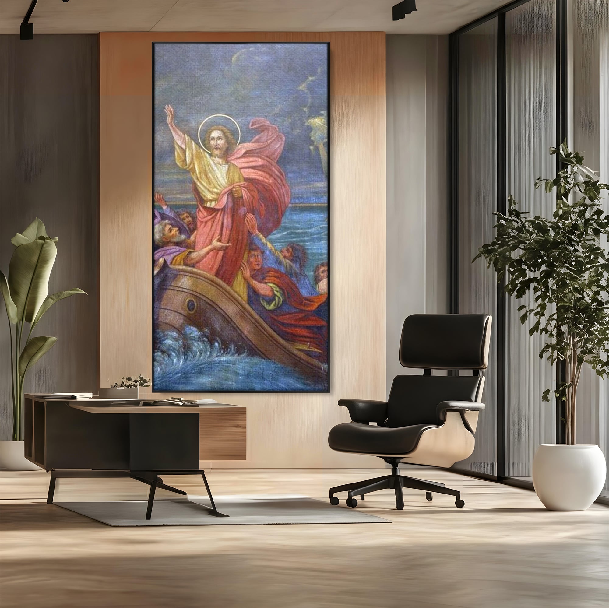 Tablou canvas cu tablou canvas cu iisus calcand pe ape, in rama de aluminiu negru, pe perete intr-un birou